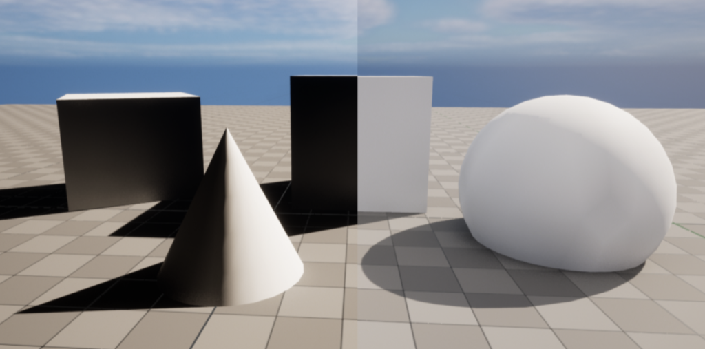 Skylight off and on comparison in Unreal Engine 5 using Lumen.