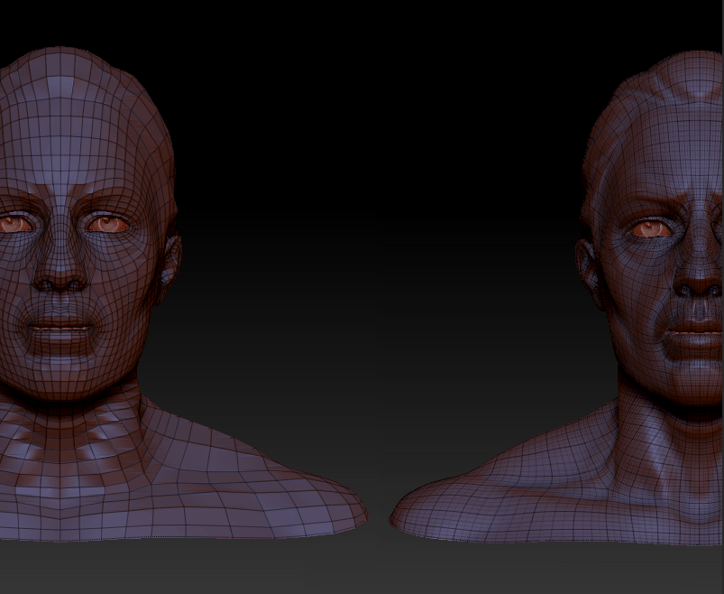 A ZBrush base mesh head at it's lowest and highest subdivisions.