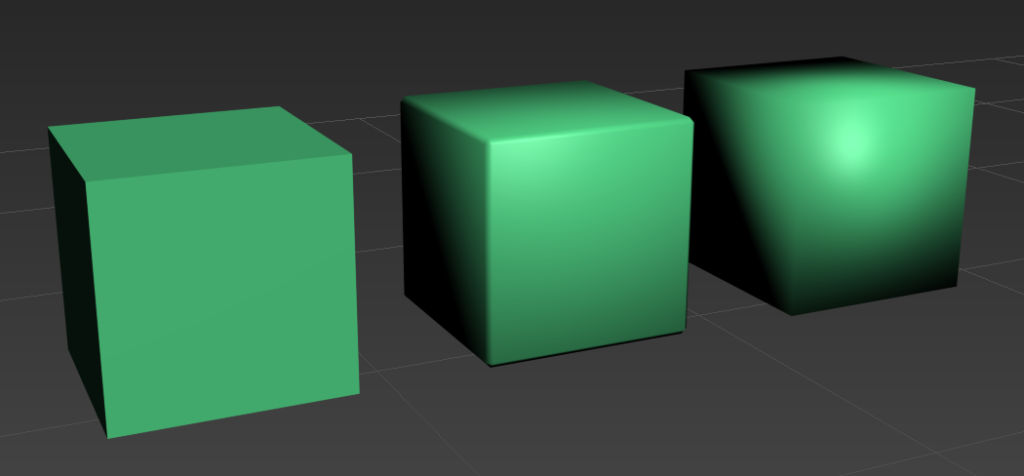 From right to left: A cube, a beveled cube using more polys, a cube that has been smoothed.