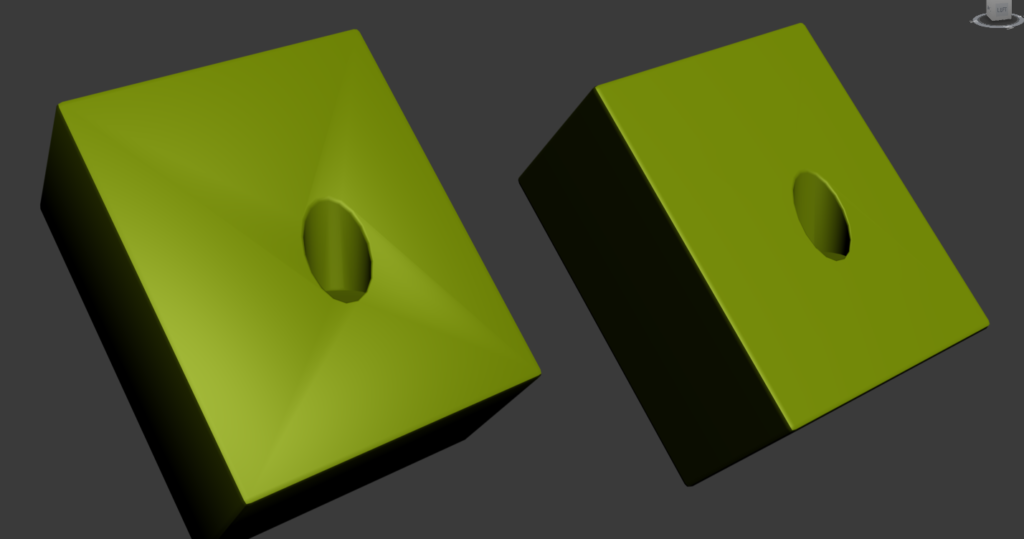 An example of a boolean action causing spiderwebbing on the left, and the face weighted vertex normal fix on the right.