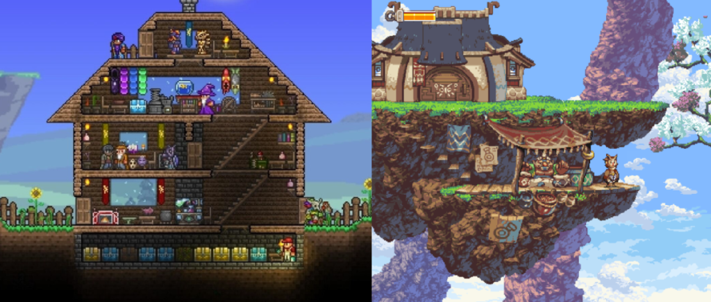 Low res vs high res pixel art in Terraria and Owlboy.