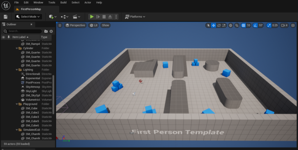 Starting level using the First Person Template in Unreal Engine 5