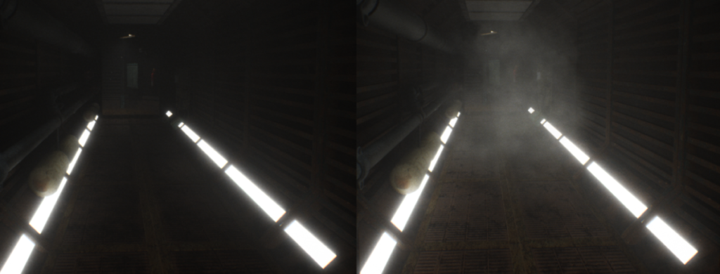 With and without indirect lighting in Unreal Engine 5 with Lumen.