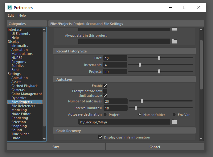 Setting up Maya Autosave in preferences.